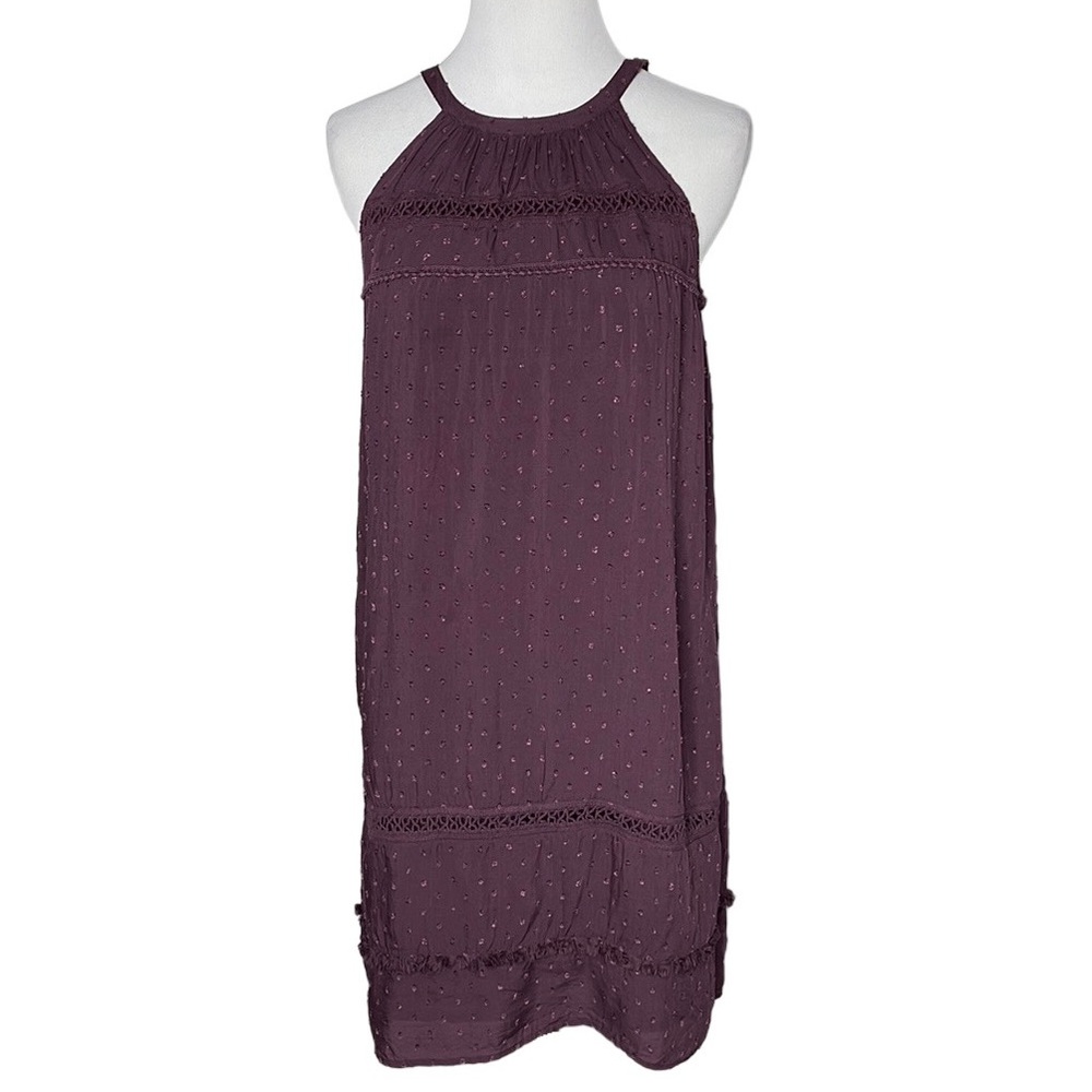 Ann Taylor LOFT Plum Purple Sleeveless Embroidered Lattice Detail Casual Dress